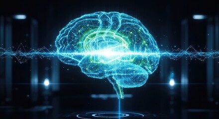 Futuristic brain hologram for innovative technology solutions, showcasing artificial intelligence and neuroscience breakthroughs, perfect for cutting-edge presentations
