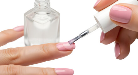 Close-up of female hand applying clear nail polish lacquer during professional beauty manicure treatment. isolated PNG with Transparent Background