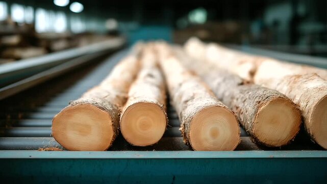 Rough timber logs on a sawmill belt, industrial efficiency in wood transport, supply chain dynamics in lumber processing, manufacturing innovation in timber tech, production flow i