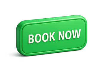 Green 3d book now web button for online reservation and booking services, a call to action for digital user interface, transparent background
