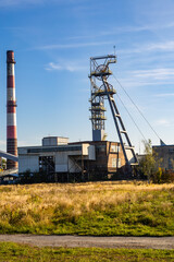 Buildings, chimney and shaft tower of an disused mine “Boże Dary”. Kostuchna, Katowice, Silesia, Poland