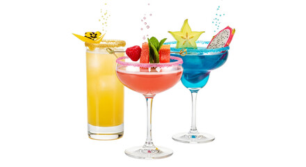 Three colorful tropical cocktails garnished with fruit and star anise, isolated on transparent background