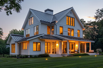 At twilight, a magnificent modern farmhouse with pristine white siding, a steep metal roof, and large, glowing windows. The tranquil setting is completed by a lush, green lawn.