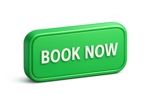 Green 3d book now web button for online reservation and booking services, a call to action for digital user interface, transparent background