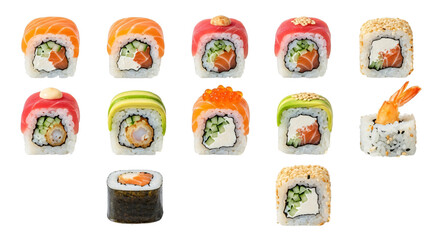 Assortment of sushi rolls and nigiri isolated on transparent background