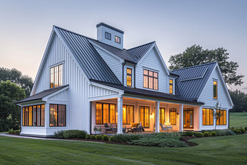 Modern White Farmhouse at Twilight with Glowing Windows and Green Lawn