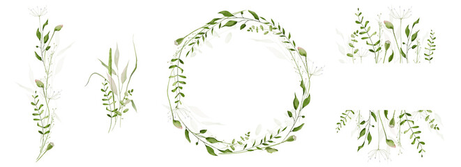 Watercolor floral greenery round, stripe wreath frame set. Meadow sage, green wild branches, leaves, herbs, flower buds. Artistic template design.