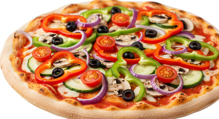 Delicious vegetarian pizza with colorful bell peppers, olives, mushrooms, and tomatoes on a transparent background