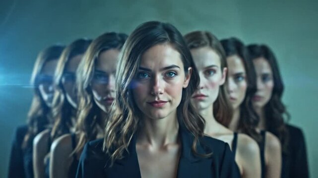 Woman surrounded by multiple reflections of herself, expressing emotion and inner conflict. Great for mental health awareness, psychological thrillers, fashion editorials, and artistic visuals.
