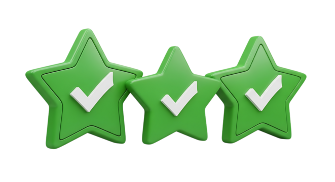 Three vibrant green 3d star icons, each featuring a crisp white checkmark, symbolizing excellent customer satisfaction, positive feedback, and successful task completion.