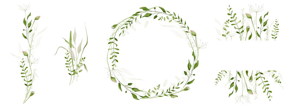 Watercolor floral greenery round, stripe wreath frame set. Meadow sage, green wild branches, leaves, herbs, flower buds. Artistic template design.