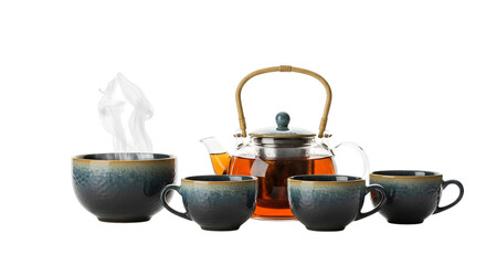 A glass teapot filled with amber tea, accompanied by four matching ceramic cups and a steaming bowl, isolated on transparent background