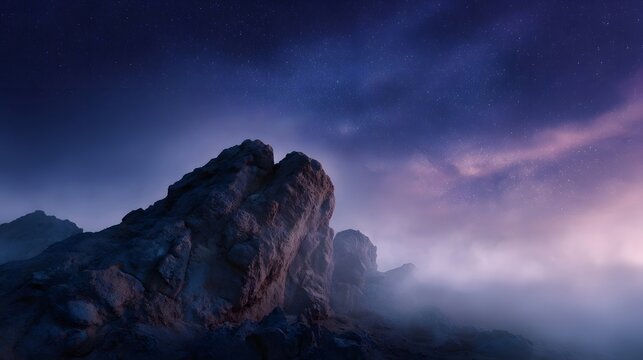 A majestic mountain peak bathed in twilight under a star filled sky with ethereal mist - Powered by Adobe