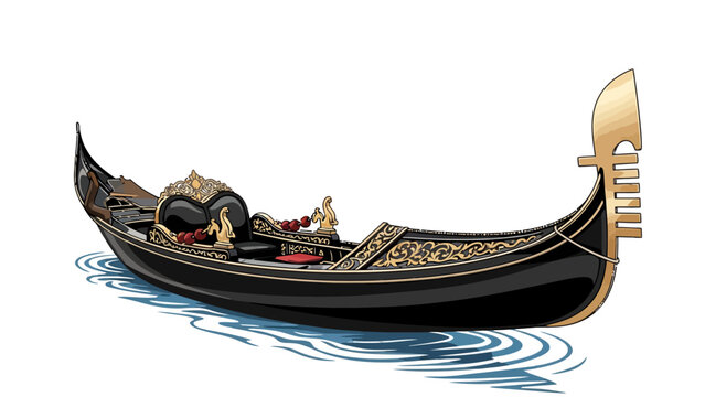 A black gondola with ornate gold accents and red cushions in water