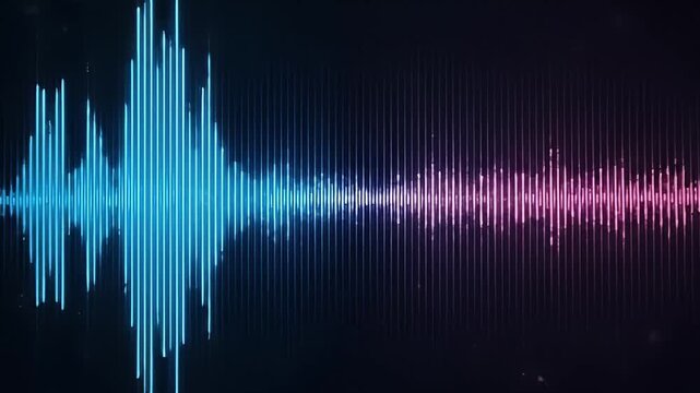 This vibrant abstract animation showcases a dynamic waveform, vividly rendered in contrasting blue and pink neon-like colors against a dark background. The pulsating vertical lines fluctuate rapidly, 