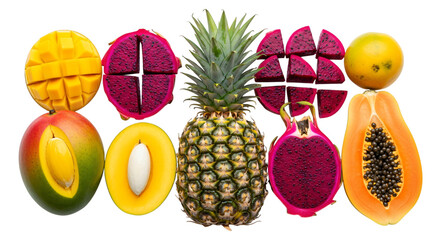 Assortment of fresh tropical fruits including mango, dragon fruit, pineapple, and papaya, isolated on transparent background