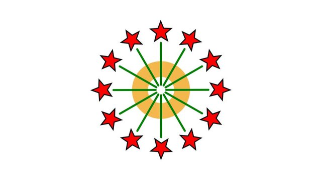 Festive Firework Design with Red Star Shapes and Green Rays around Orange Circle in Flat Art