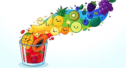 Cute Kawaii Fruit Smoothie Splash with Happy Faces.