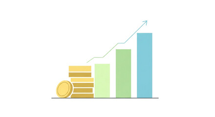 Bar graph with coins isolated on white background showing financial growth