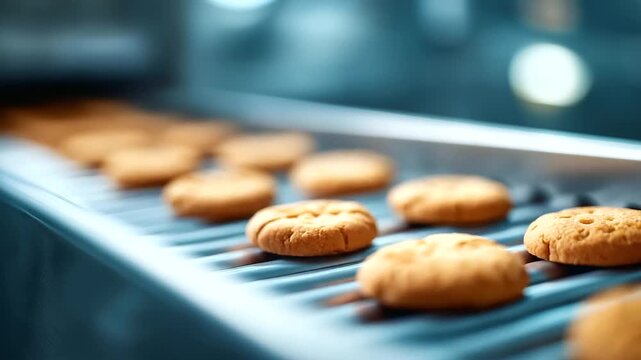 Conveyor moving freshly baked cookies, industrial efficiency in food production, supply chain dynamics in cookie processing, manufacturing innovation in bakery tech, production flo