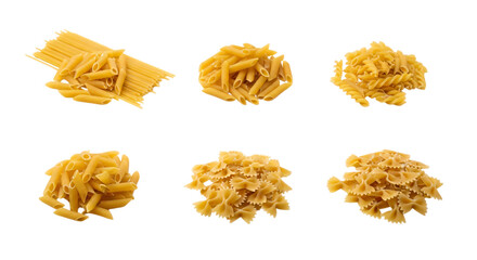 Collection of various uncooked pasta types isolated on transparent background