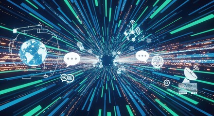 Immersive digital network with global communication and connectivity, perfect for illustrating innovative technology and interconnected systems in a modern design.