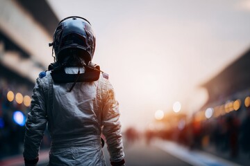 Naklejka premium Formula one racing driver preparing for competition on track with space for banner copy