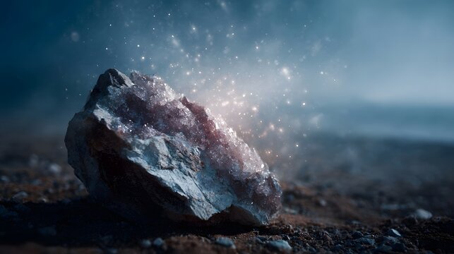 A majestic glowing crystal stone adorned with ethereal sparks against a misty cosmic backdrop