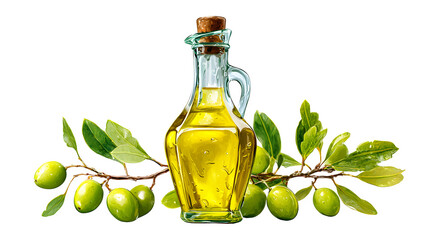 Olive Oil Bottle with Olives and Branch, isolated on transparent background