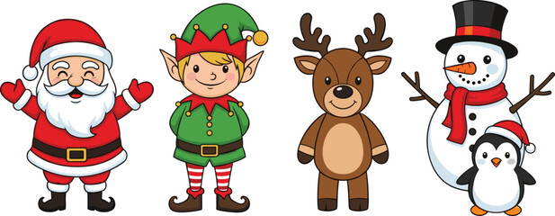 Cartoon Christmas characters illustration with Santa Claus, elf, reindeer, snowman, penguin, festive holiday artwork, cheerful seasonal design, winter celebration theme © Anonto
