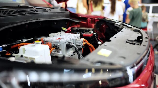 Electric vehicle engine bay revealing power components at an automotive exhibition