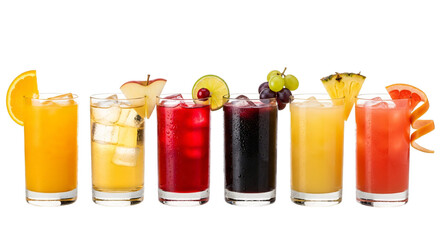 A colorful selection of six refreshing fruit juices and cocktails garnished with fruit slices and ice, isolated on transparent background