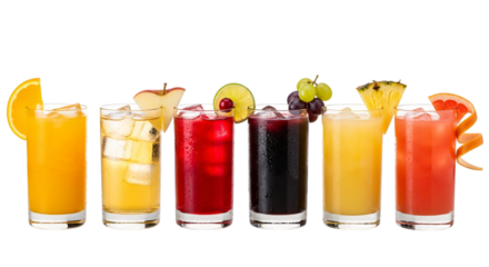 A colorful selection of six refreshing fruit juices and cocktails garnished with fruit slices and ice, isolated on transparent background