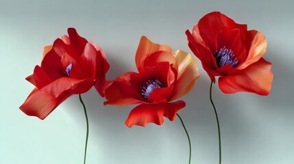 Three red flowers are arranged in a row, with one in the middle and two on the right. The flowers are tall and have a strong, bold appearance. Scene is one of strength and confidence