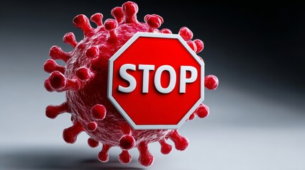 A stop sign is placed on top of a red virus. The stop sign is red and white, and it is positioned in the center of the image. The virus is also red, but it is not as defined as the stop sign
