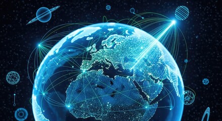 Global network connecting Europe and Africa with vibrant glowing nodes and orbiting planets for international business and communication solutions