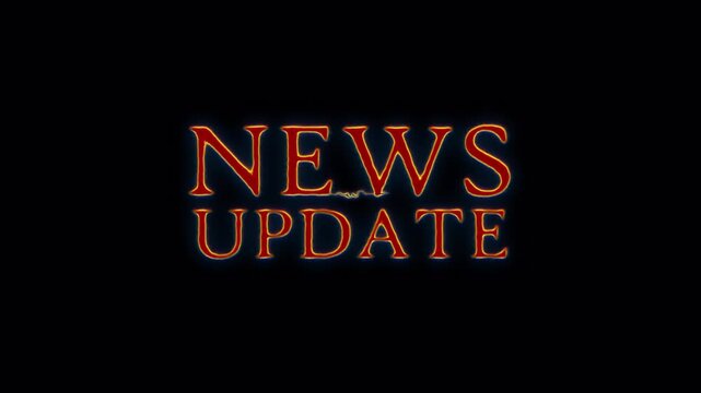 Animation News Update glow red spark neon lightning text animation on black abstract background.Isolated alpha channel Apply prores 444
