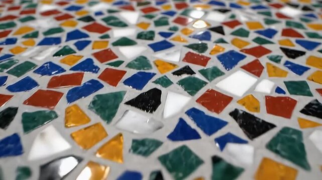 This vibrant, colorful mosaic surface features an abstract arrangement of irregularly shaped, polished fragments. The intricate pattern showcases a rich palette including deep blues, striking reds, lu