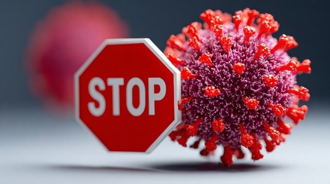 A stop sign is placed on top of a red and pink virus. The stop sign is red and white, and it is positioned above the virus