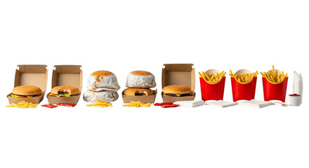 A collection of fast food items including burgers, french fries in red cartons, and condiments, isolated on transparent background