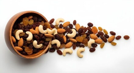 Obraz premium Healthy Assorted Dry Fruits Mix in Wooden Bowl on White Background Cashews, Almonds, Raisins, and Apricots for Nutrition and Energy