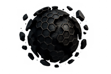 Dark metallic sphere breaking apart into honeycomb fragments, representing data disintegration, technological disruption, or digital chaos