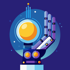 Fototapeta premium Robot hand holds cosmic sphere, future innovation