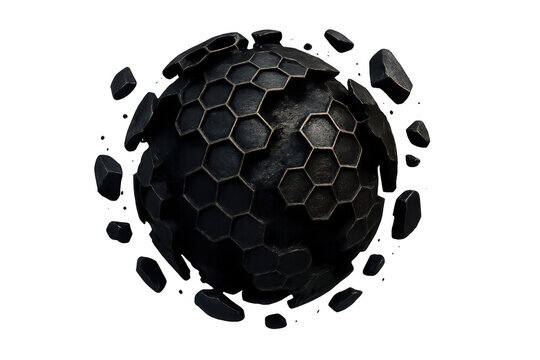 Dark metallic sphere breaking apart into honeycomb fragments, representing data disintegration, technological disruption, or digital chaos