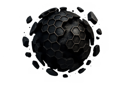 Dark metallic sphere breaking apart into honeycomb fragments, representing data disintegration, technological disruption, or digital chaos