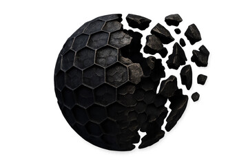 Obraz premium Crumbling hexagonal sphere fragmenting into pieces, showing impact, destruction, and crisis, isolated on transparent background