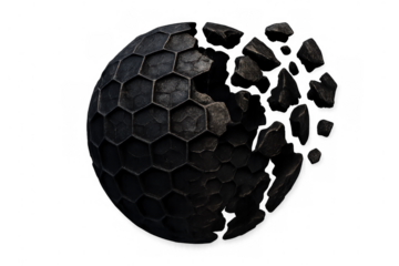 Crumbling hexagonal sphere fragmenting into pieces, showing impact, destruction, and crisis, isolated on transparent background