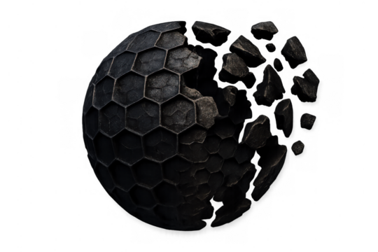 Crumbling hexagonal sphere fragmenting into pieces, showing impact, destruction, and crisis, isolated on transparent background