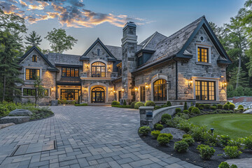 Beautiful newly built luxury home featuring stone accents, a spacious driveway, and lush landscaping. The architectural design exudes sophistication and grandeur.