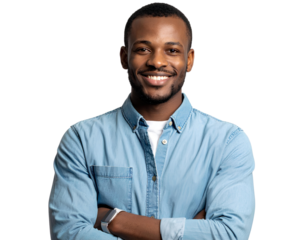 Portrait of handsome smiling young man with folded arms isolated on transparent background.